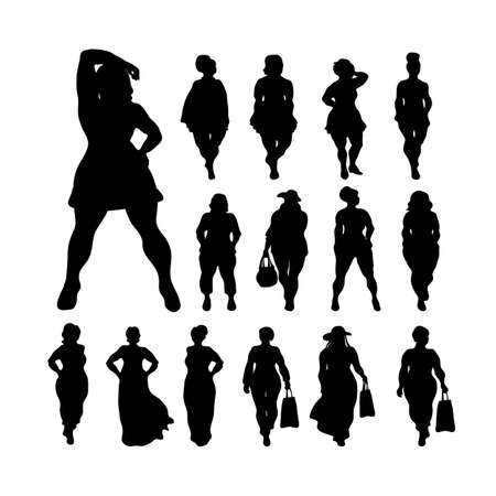 Body positive woman silhouettes collection isolated on white background. Vector illustration plus-size models for fashion booklet, leaflet, poster.のイラスト素材