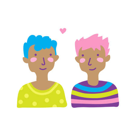 LGBT love symbol. Gay man couple isolated on white. Pride month. Vector illustration design element for leaflet, magnet, sticker, booklet.のイラスト素材