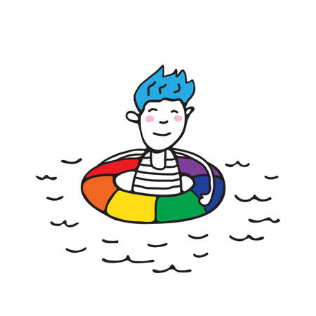 LGBT support symbol. Gay man swims with a lifebuoy. Pride month. Vector illustration design element for leaflet, magnet, sticker, booklet.のイラスト素材