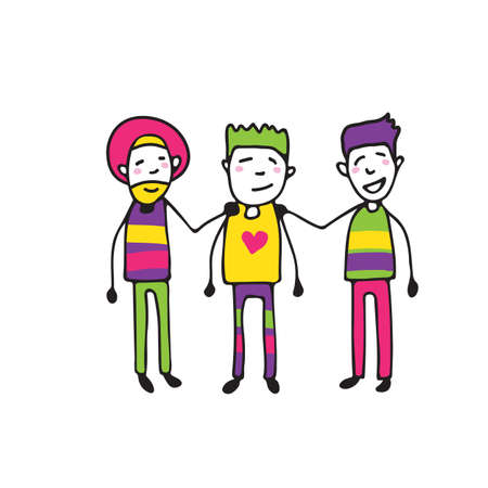LGBT support group symbol. Three gay men isolated on white. Pride month. Vector illustration design element for leaflet, magnet, sticker, booklet.のイラスト素材