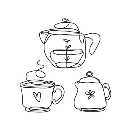 Coffee time set with cup, milk jug and coffee maker. Line art vector illustration. Design element for booklet, leaflet, sticker, banner.のイラスト素材