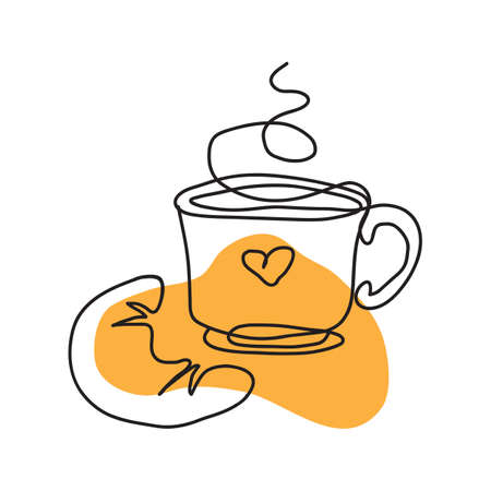 Coffee cup with croissant isolated on white background. Line art vector illustration. Design element for booklet, leaflet, sticker, banner.のイラスト素材