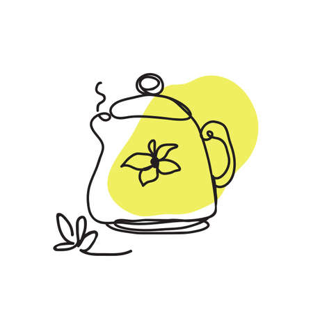 Teapot with herbal drink isolated on white background. Line art vector illustration. Design element for booklet, leaflet, sticker, banner.のイラスト素材