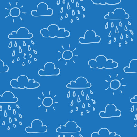 Doodle style vector illustration. Seamless pattern clouds with rain and sun on blue background. Design element for banner, wallpaper, fabric, gift wrap.のイラスト素材