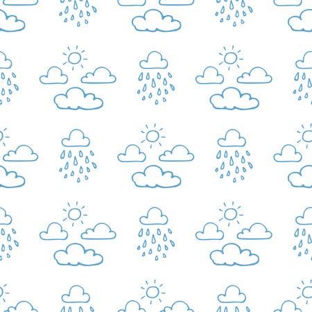 Doodle style vector illustration. Seamless pattern clouds with rain on white background. Design element for banner, wallpaper, fabric, gift wrap.のイラスト素材