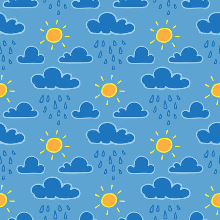 Doodle style vector illustration. Seamless pattern clouds with rain and sun on blue background. Design element for banner, wallpaper, fabric, gift wrap.のイラスト素材