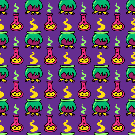 Halloween seamless pattern with potion and cauldron. Hand drawn or doodle vector illustration. Design element for fabric, banner, wrapping paper.のイラスト素材