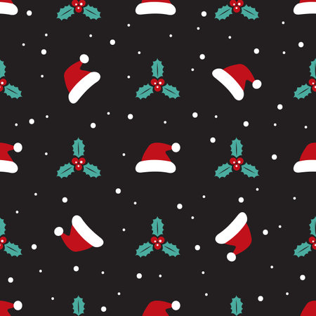 Seamless pattern with Santa hat and holly berries. Christmas and New Year symbols for banner, wallpaper, wrapping paper or fabric. Flat design vector illustration.のイラスト素材