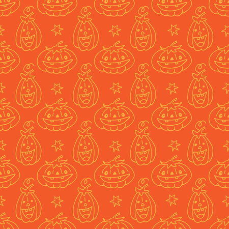 Halloween seamless pattern with pumpkins. Hand drawn or doodle vector illustration. Design element for fabric, banner, wrapping paper.のイラスト素材