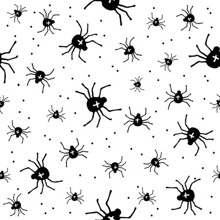 Halloween seamless pattern with spiders. Hand drawn or doodle vector illustration. Design element for fabric, banner, wrapping paper.のイラスト素材
