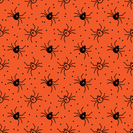 Halloween seamless pattern with spiders. Hand drawn or doodle vector illustration. Design element for fabric, banner, wrapping paper.のイラスト素材
