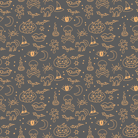 Halloween seamless pattern. Hand drawn or doodle vector illustration. Design element for fabric, banner, wrapping paper.のイラスト素材