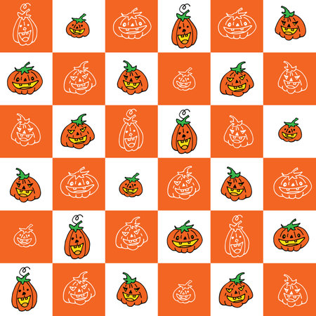 Halloween seamless pattern. Hand drawn or doodle vector illustration with pumpkins. Design element for fabric, banner, wrapping paper.のイラスト素材