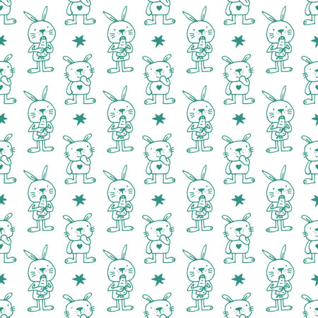 Seamless pattern with cute rabbits. Hand drawn vector design elements for Easter or Chinese New Year 2023. Doodle style.のイラスト素材