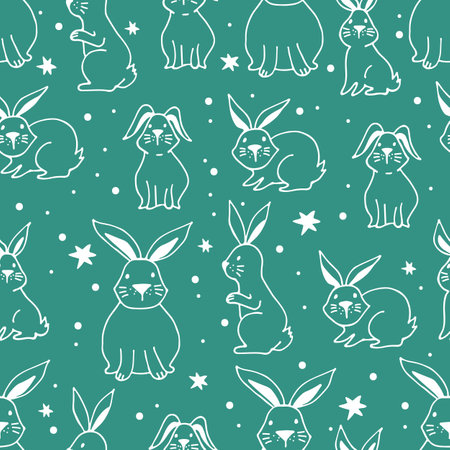 Seamless pattern with cute rabbits. Hand drawn vector design elements for Easter or Chinese New Year 2023. Doodle style.のイラスト素材