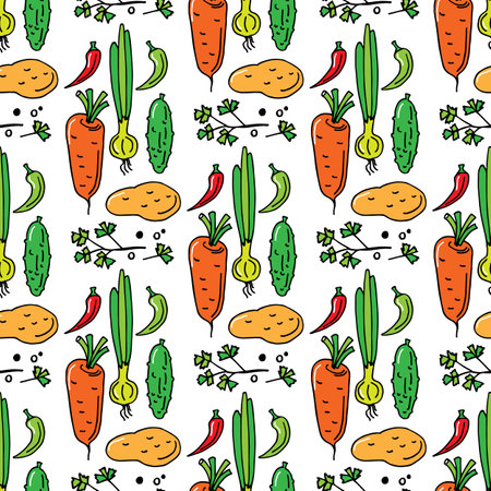 Seamless pattern with vegetables. Doodle vector illustration. Design element for fabric, wallpaper, wrapping paper, menu, farm product promotion, healthy food, culinary.のイラスト素材