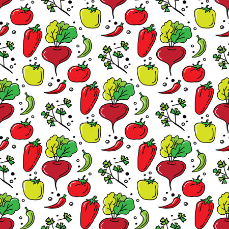 Seamless pattern with vegetables. Doodle vector illustration. Design element for fabric, wallpaper, wrapping paper, menu, farm product promotion, healthy food, culinary.のイラスト素材
