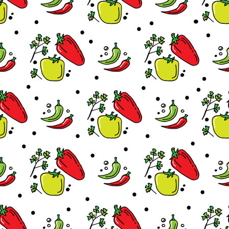 Seamless pattern with vegetables. Doodle vector illustration. Design element for fabric, wallpaper, wrapping paper, menu, farm product promotion, healthy food, culinary.のイラスト素材