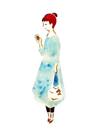 Watercolor illustration of a woman with smartphoneの写真素材