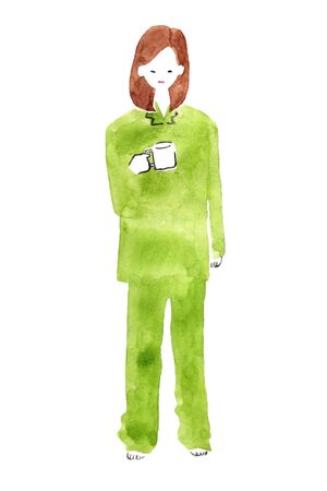 Watercolor illustration of a woman with mugの写真素材