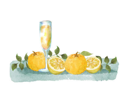 Watercolor yuzu fruits and juiceの写真素材