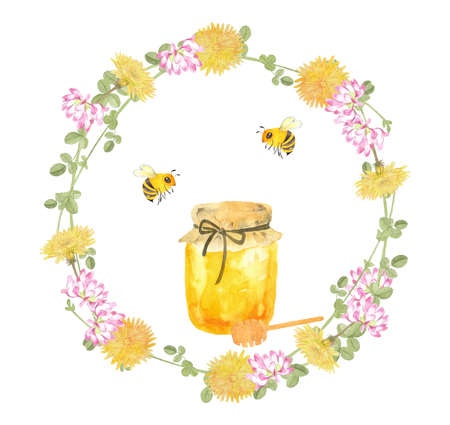 Watercolor honey and flowers frameの写真素材
