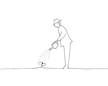 Line drawing of a man watering plantのイラスト素材