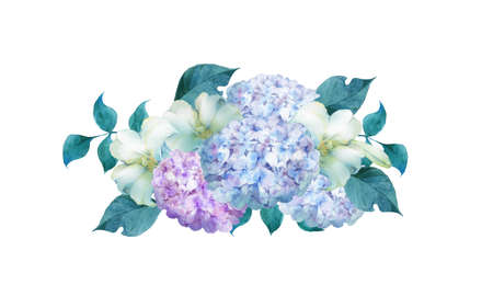 Watercolor hydrangea and lily bouquet isolated on white backgroundの写真素材