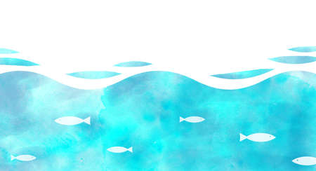 Watercolor textured blue sea with fish