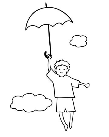 Vector illustration of a child flying above the clouds with umbrellaのイラスト素材