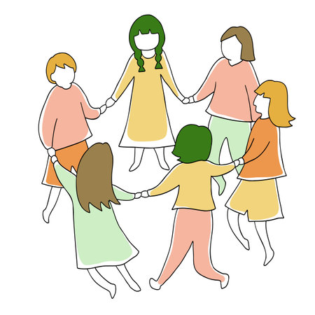 Line drawing of children holding hands in a circleのイラスト素材