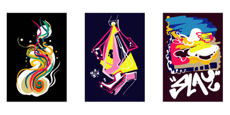 Set of graffiti poster. Street art with splashes of paint  inscriptions and space for text. Design elements for covers and wall decorations.のイラスト素材