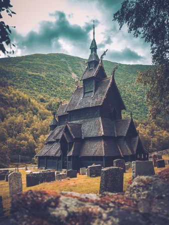 Stave Church in Borgund Norwayの写真素材