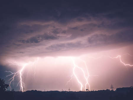 Thunderstorm with Lightning and Power Cablesの写真素材