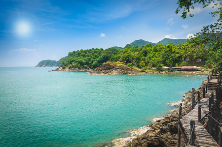 Long wooden bridge pavilion in beautiful tropical island seaview - Koh Chang, Trat Thailandの写真素材