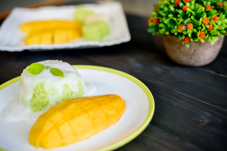 Thai style tropical dessert,mango with sticky rice.の写真素材