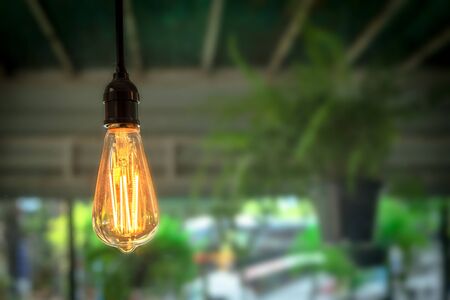 Decorative antique edison style light bulbs hanging on  roofの写真素材