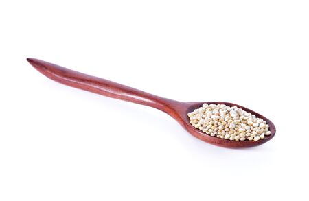 Quinoa seeds in a wooden spoon on white backgroundの写真素材
