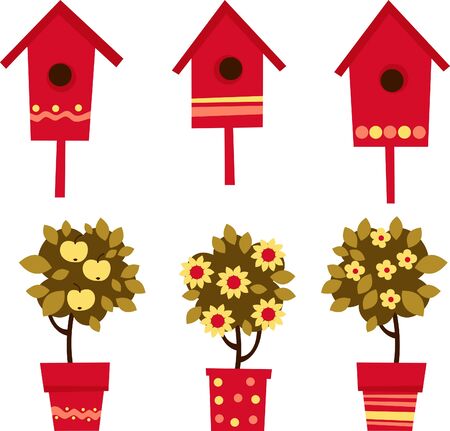 flowers in pots and birdhousesのイラスト素材