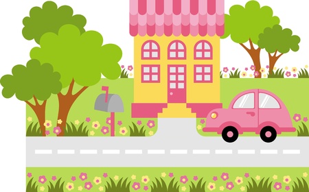 Parked car near the entrance to the houseのイラスト素材