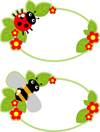 tag with a bee, ladybug and flowersのイラスト素材