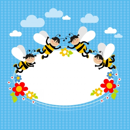 small, cheerful bees and flowers on a blue backgroundのイラスト素材
