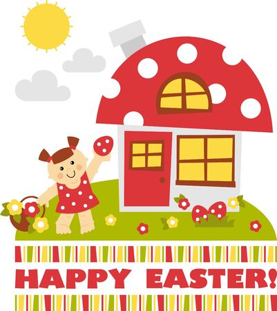 little girl collects the eggs for easterのイラスト素材