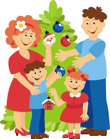 the family decorates the christmas treeのイラスト素材