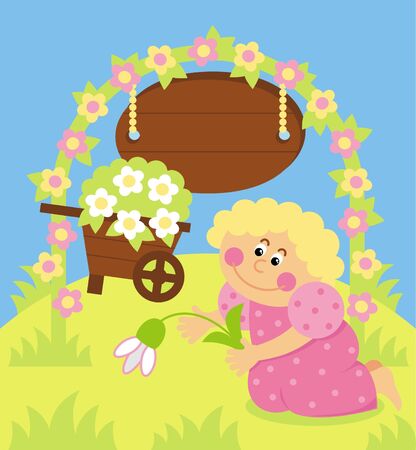 girl gardener planting spring flowerのイラスト素材