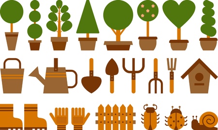 set of garden tools and topiary in terracotta potsのイラスト素材