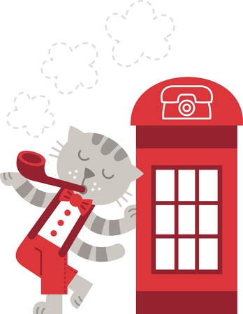 london - vector illustration, cat smokes near a telephone boothのイラスト素材