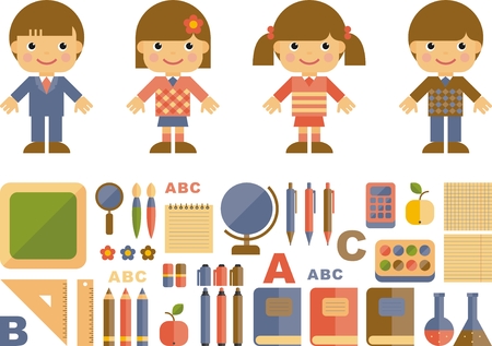 children in school uniforms and school suppliesのイラスト素材