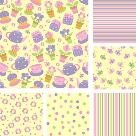 set of seamless backgrounds with flowers and tea utensilsのイラスト素材