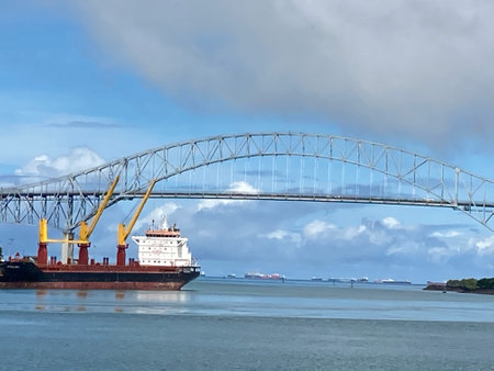 Cargo ship under the bridge